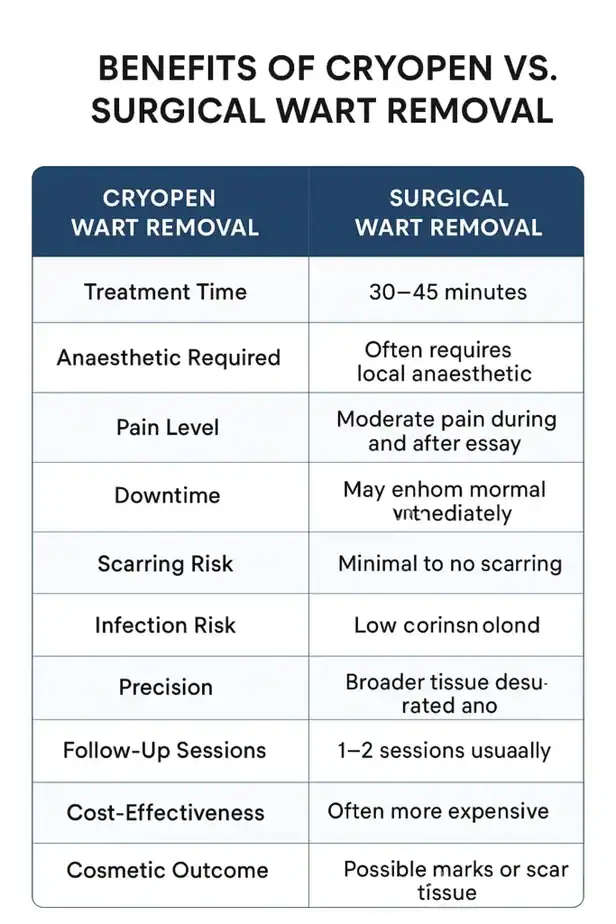 Table showing the benefits of cryopen to remove warts Harwich compared to surgical treatment